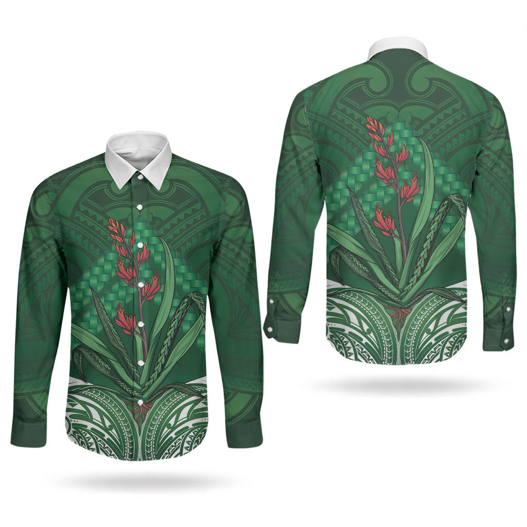 Rongoa Maori New Zealand Harakeke Couples Matching Short Sleeve Bodycon Dress and Long Sleeve Button Shirt NZ Weaving Pattern Green