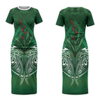 Rongoa Maori New Zealand Harakeke Couples Matching Short Sleeve Bodycon Dress and Long Sleeve Button Shirt NZ Weaving Pattern Green