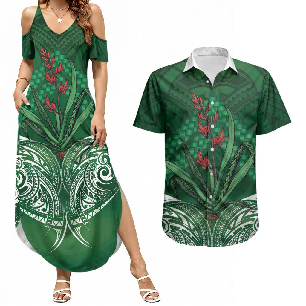 Rongoa Maori New Zealand Harakeke Couples Matching Summer Maxi Dress and Hawaiian Shirt NZ Weaving Pattern Green
