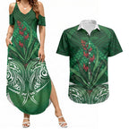 Rongoa Maori New Zealand Harakeke Couples Matching Summer Maxi Dress and Hawaiian Shirt NZ Weaving Pattern Green