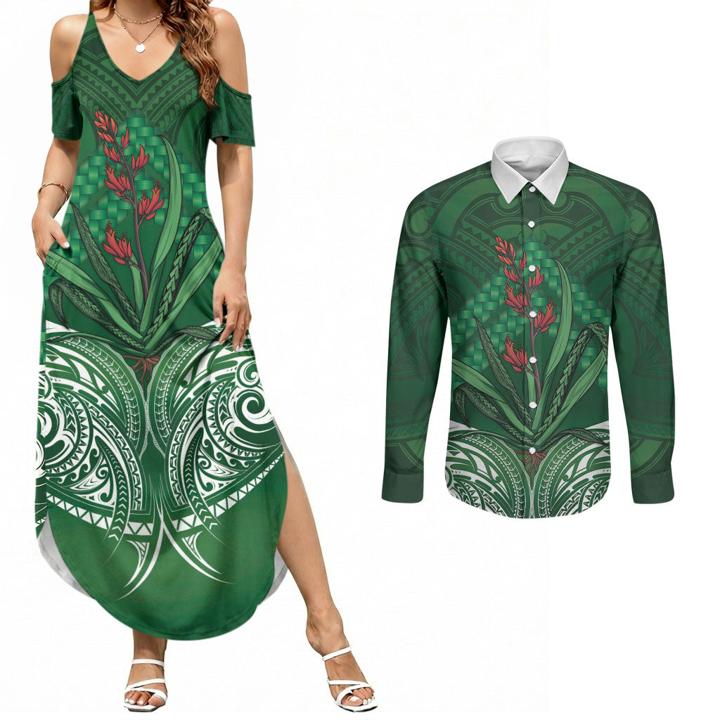 Rongoa Maori New Zealand Harakeke Couples Matching Summer Maxi Dress and Long Sleeve Button Shirt NZ Weaving Pattern Green