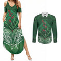 Rongoa Maori New Zealand Harakeke Couples Matching Summer Maxi Dress and Long Sleeve Button Shirt NZ Weaving Pattern Green