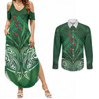 Rongoa Maori New Zealand Harakeke Couples Matching Summer Maxi Dress and Long Sleeve Button Shirt NZ Weaving Pattern Green
