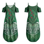 Rongoa Maori New Zealand Harakeke Couples Matching Summer Maxi Dress and Long Sleeve Button Shirt NZ Weaving Pattern Green
