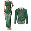 Rongoa Maori New Zealand Harakeke Couples Matching Tank Maxi Dress and Long Sleeve Button Shirt NZ Weaving Pattern Green