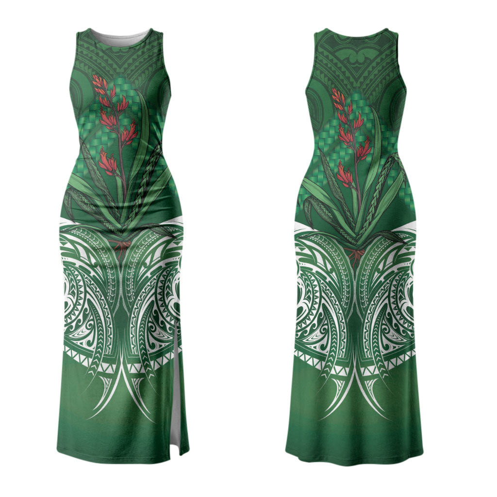 Rongoa Maori New Zealand Harakeke Couples Matching Tank Maxi Dress and Long Sleeve Button Shirt NZ Weaving Pattern Green