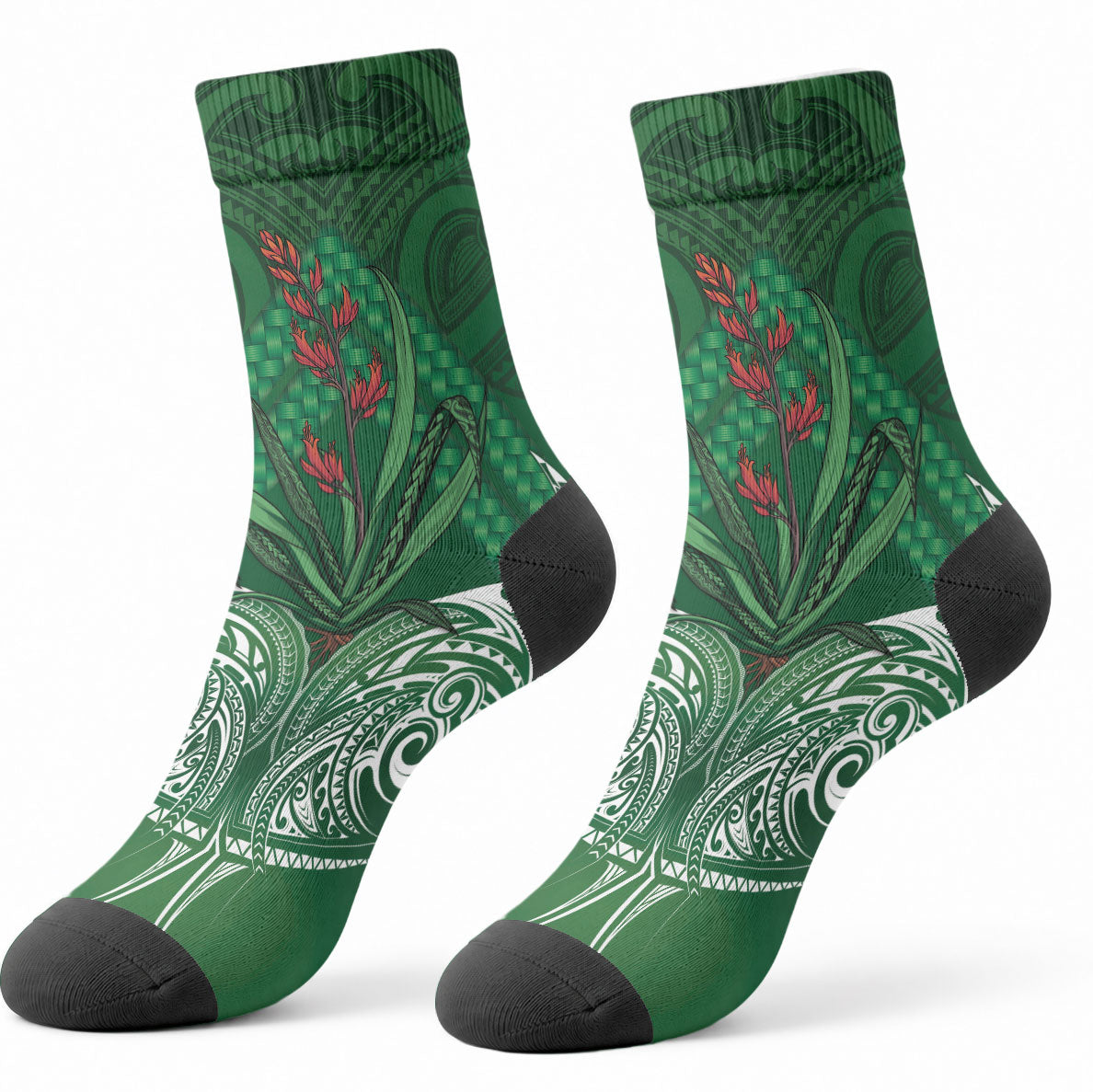 Rongoa Maori New Zealand Harakeke Crew Socks NZ Weaving Pattern Green