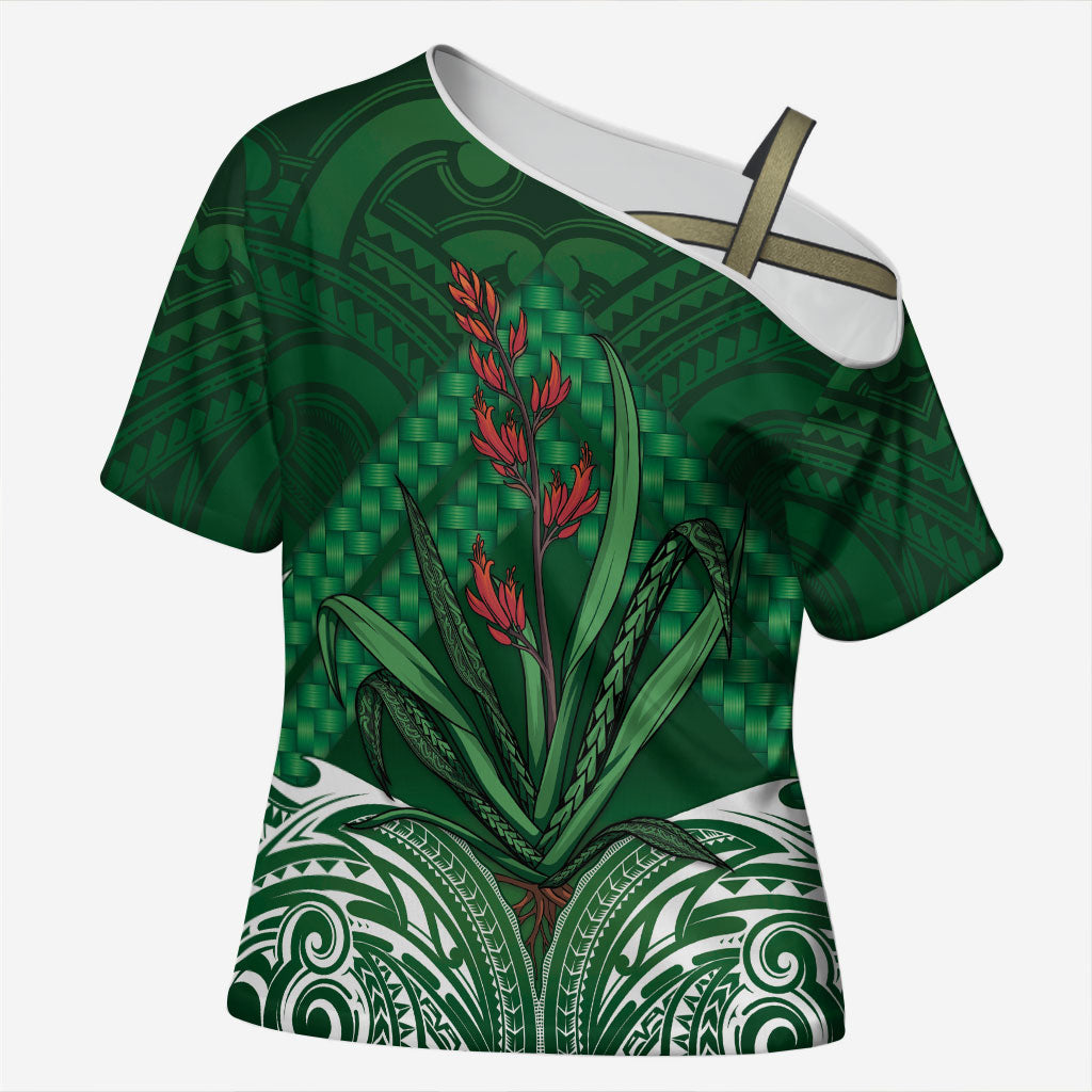 Rongoa Maori New Zealand Harakeke Cross Shoulder Shirt NZ Weaving Pattern Green