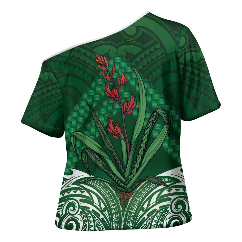 Rongoa Maori New Zealand Harakeke Cross Shoulder Shirt NZ Weaving Pattern Green