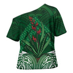 Rongoa Maori New Zealand Harakeke Cross Shoulder Shirt NZ Weaving Pattern Green