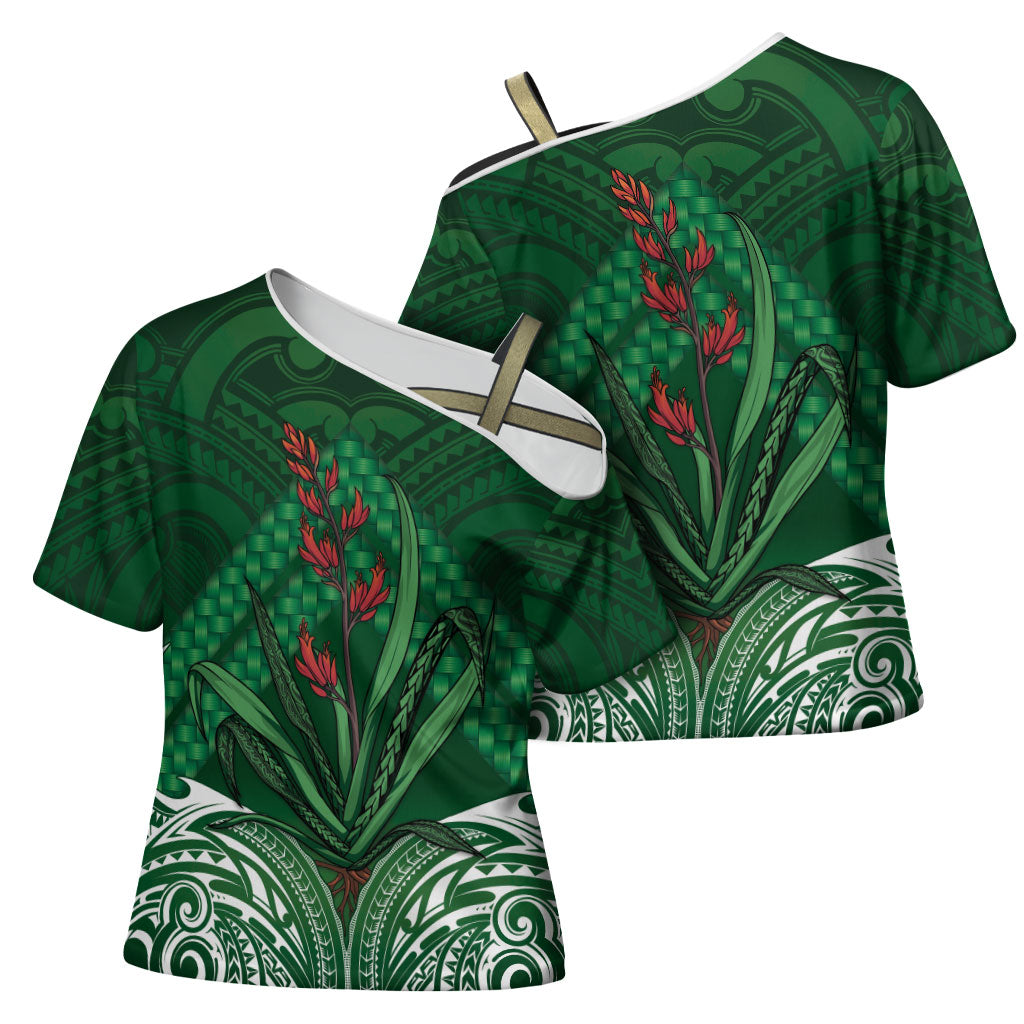 Rongoa Maori New Zealand Harakeke Cross Shoulder Shirt NZ Weaving Pattern Green