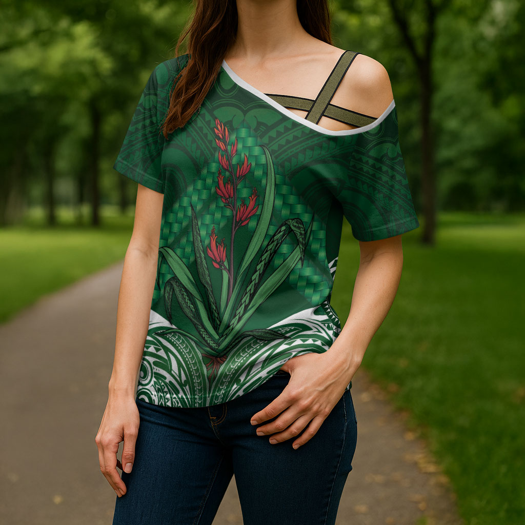 Rongoa Maori New Zealand Harakeke Cross Shoulder Shirt NZ Weaving Pattern Green