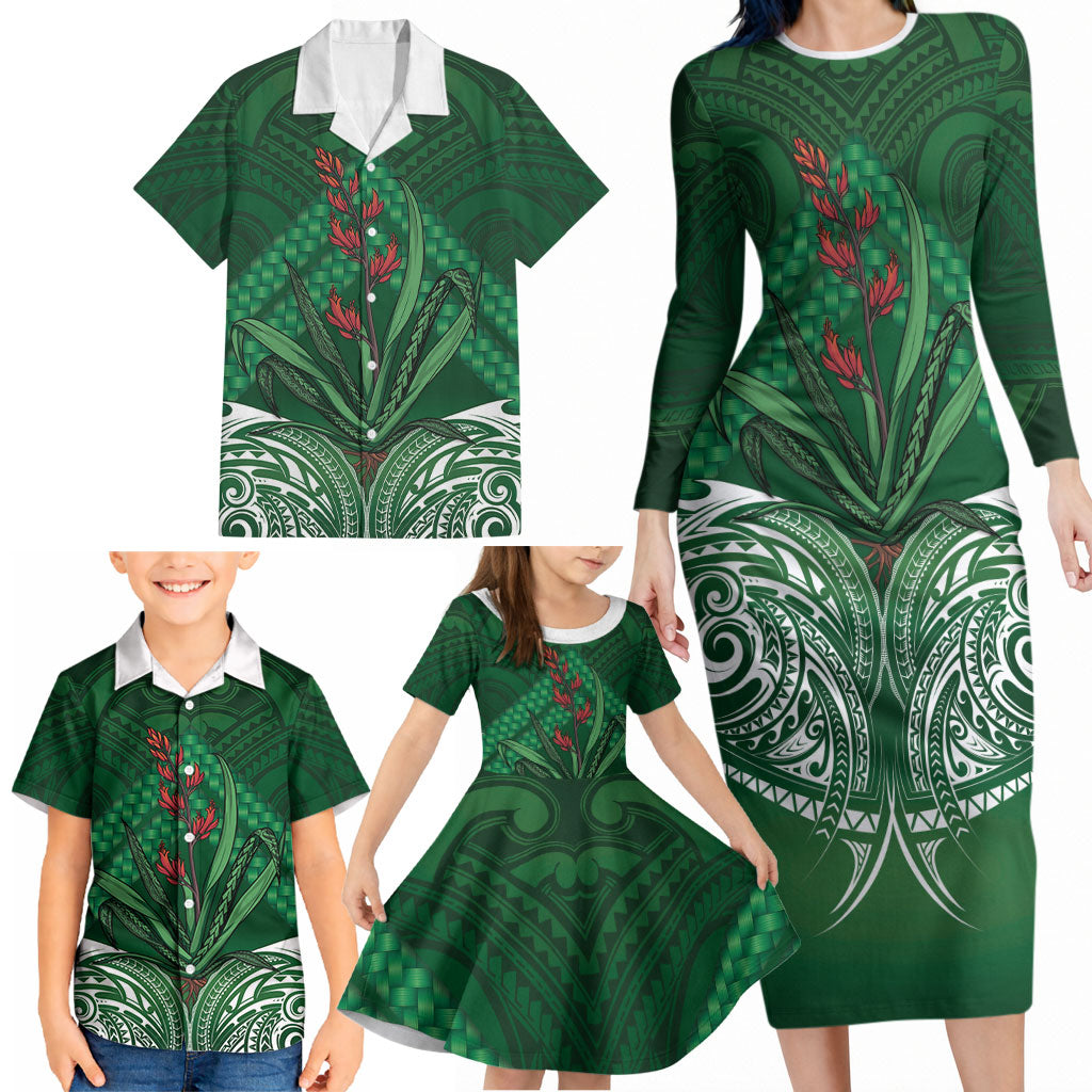 Rongoa Maori New Zealand Harakeke Family Matching Long Sleeve Bodycon Dress and Hawaiian Shirt NZ Weaving Pattern Green