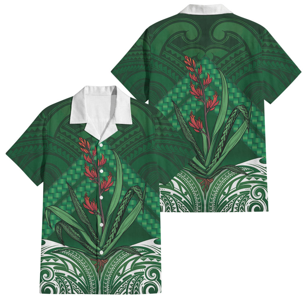 Rongoa Maori New Zealand Harakeke Family Matching Long Sleeve Bodycon Dress and Hawaiian Shirt NZ Weaving Pattern Green