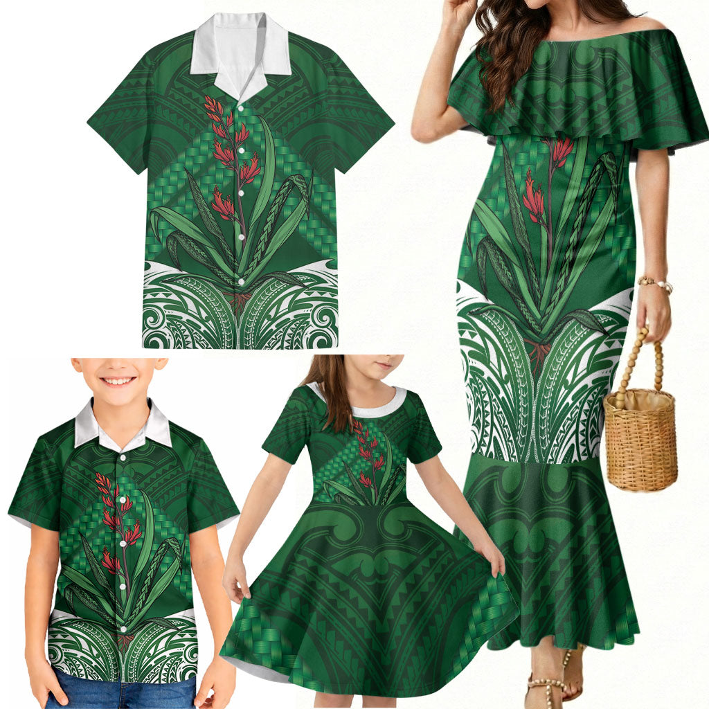 Rongoa Maori New Zealand Harakeke Family Matching Mermaid Dress and Hawaiian Shirt NZ Weaving Pattern Green