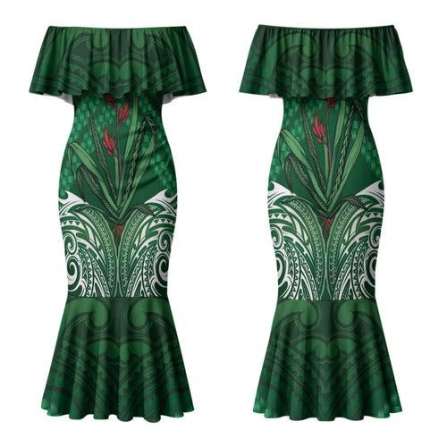 Rongoa Maori New Zealand Harakeke Family Matching Mermaid Dress and Hawaiian Shirt NZ Weaving Pattern Green