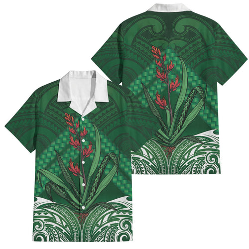 Rongoa Maori New Zealand Harakeke Family Matching Mermaid Dress and Hawaiian Shirt NZ Weaving Pattern Green