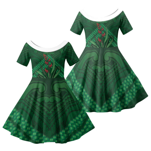Rongoa Maori New Zealand Harakeke Family Matching Mermaid Dress and Hawaiian Shirt NZ Weaving Pattern Green