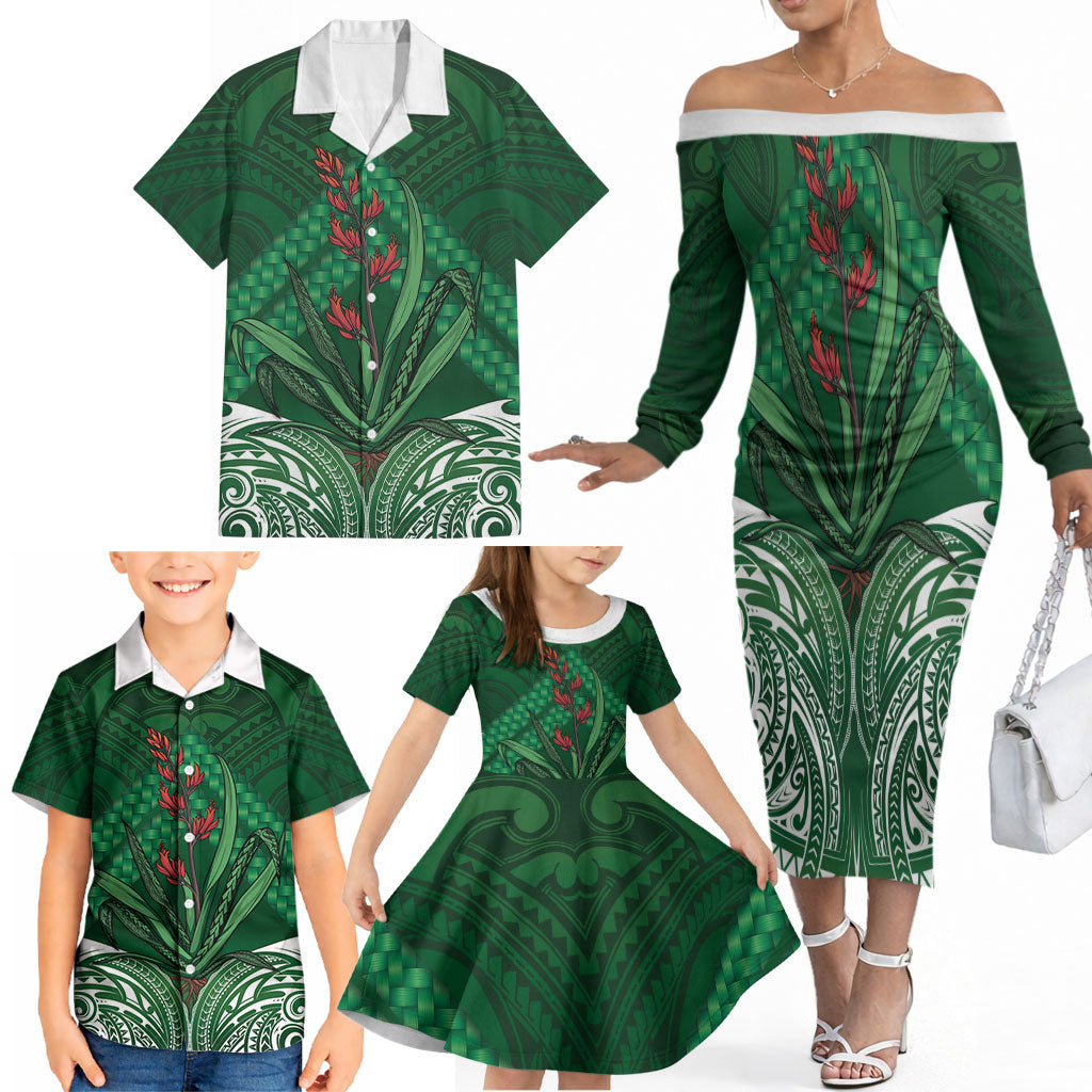 Rongoa Maori New Zealand Harakeke Family Matching Off The Shoulder Long Sleeve Dress and Hawaiian Shirt NZ Weaving Pattern Green