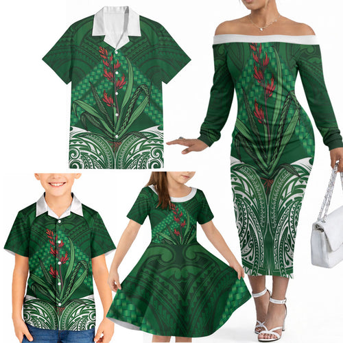 Rongoa Maori New Zealand Harakeke Family Matching Off The Shoulder Long Sleeve Dress and Hawaiian Shirt NZ Weaving Pattern Green