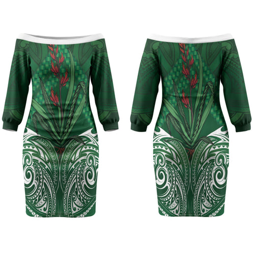 Rongoa Maori New Zealand Harakeke Family Matching Off The Shoulder Long Sleeve Dress and Hawaiian Shirt NZ Weaving Pattern Green