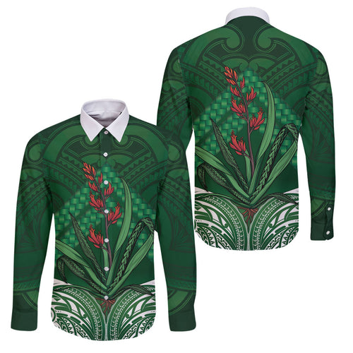 Rongoa Maori New Zealand Harakeke Family Matching Off The Shoulder Long Sleeve Dress and Hawaiian Shirt NZ Weaving Pattern Green