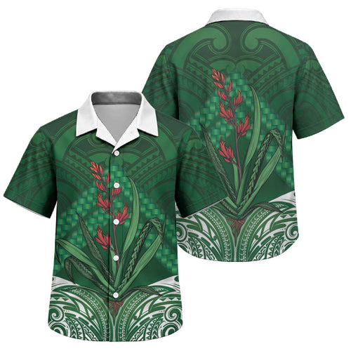 Rongoa Maori New Zealand Harakeke Family Matching Off The Shoulder Long Sleeve Dress and Hawaiian Shirt NZ Weaving Pattern Green
