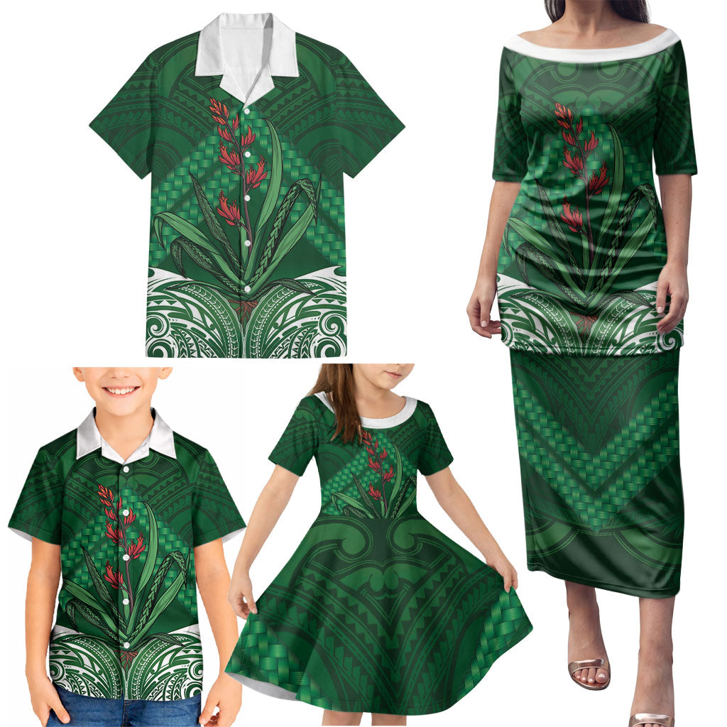 Rongoa Maori New Zealand Harakeke Family Matching Puletasi and Hawaiian Shirt NZ Weaving Pattern Green