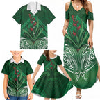 Rongoa Maori New Zealand Harakeke Family Matching Summer Maxi Dress and Hawaiian Shirt NZ Weaving Pattern Green
