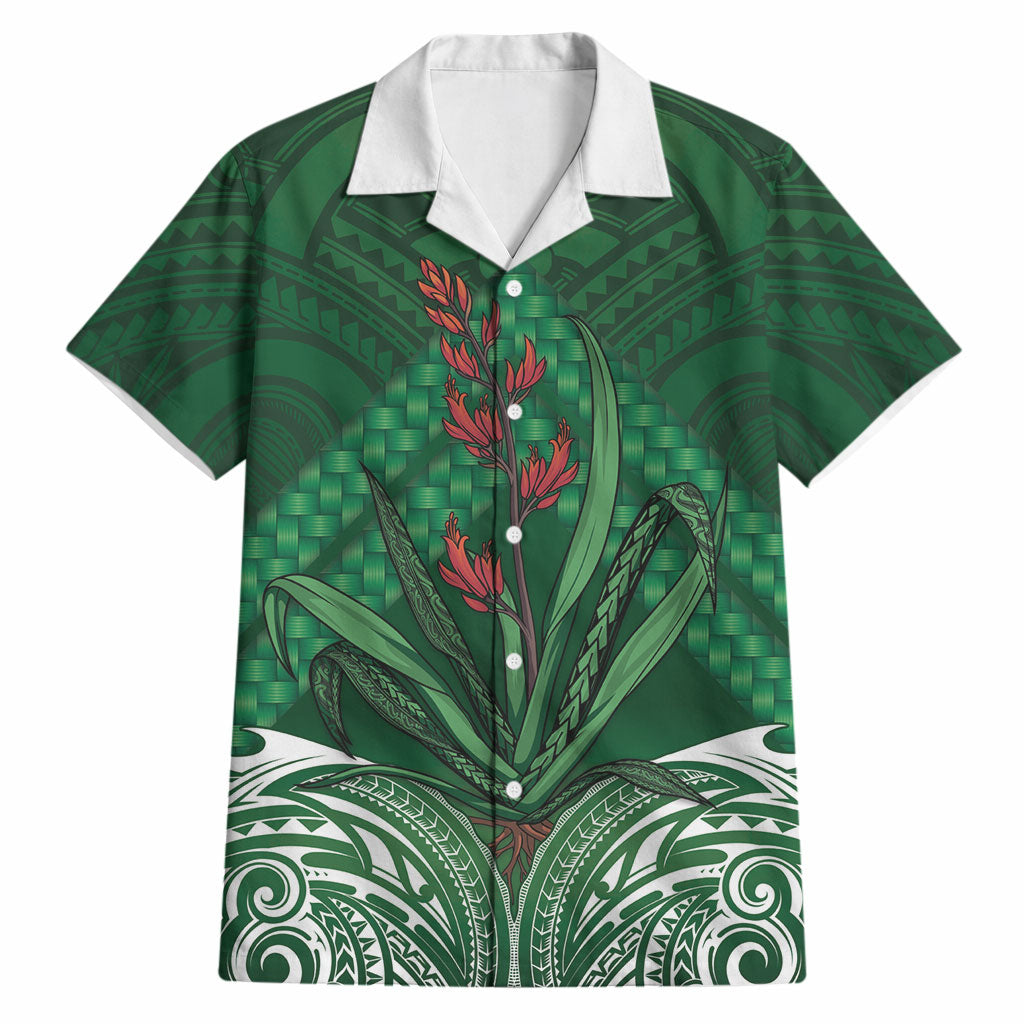 Rongoa Maori New Zealand Harakeke Hawaiian Shirt NZ Weaving Pattern Green