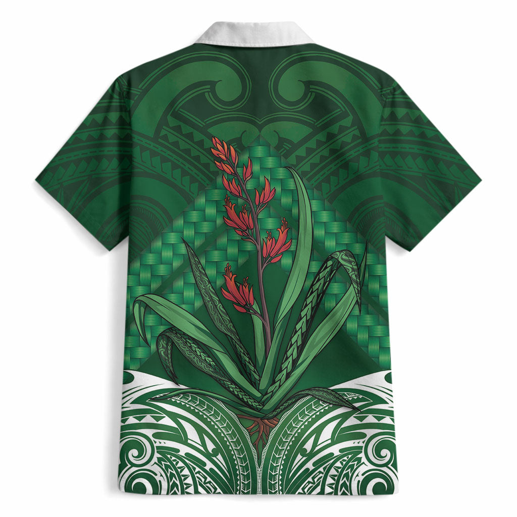 Rongoa Maori New Zealand Harakeke Hawaiian Shirt NZ Weaving Pattern Green