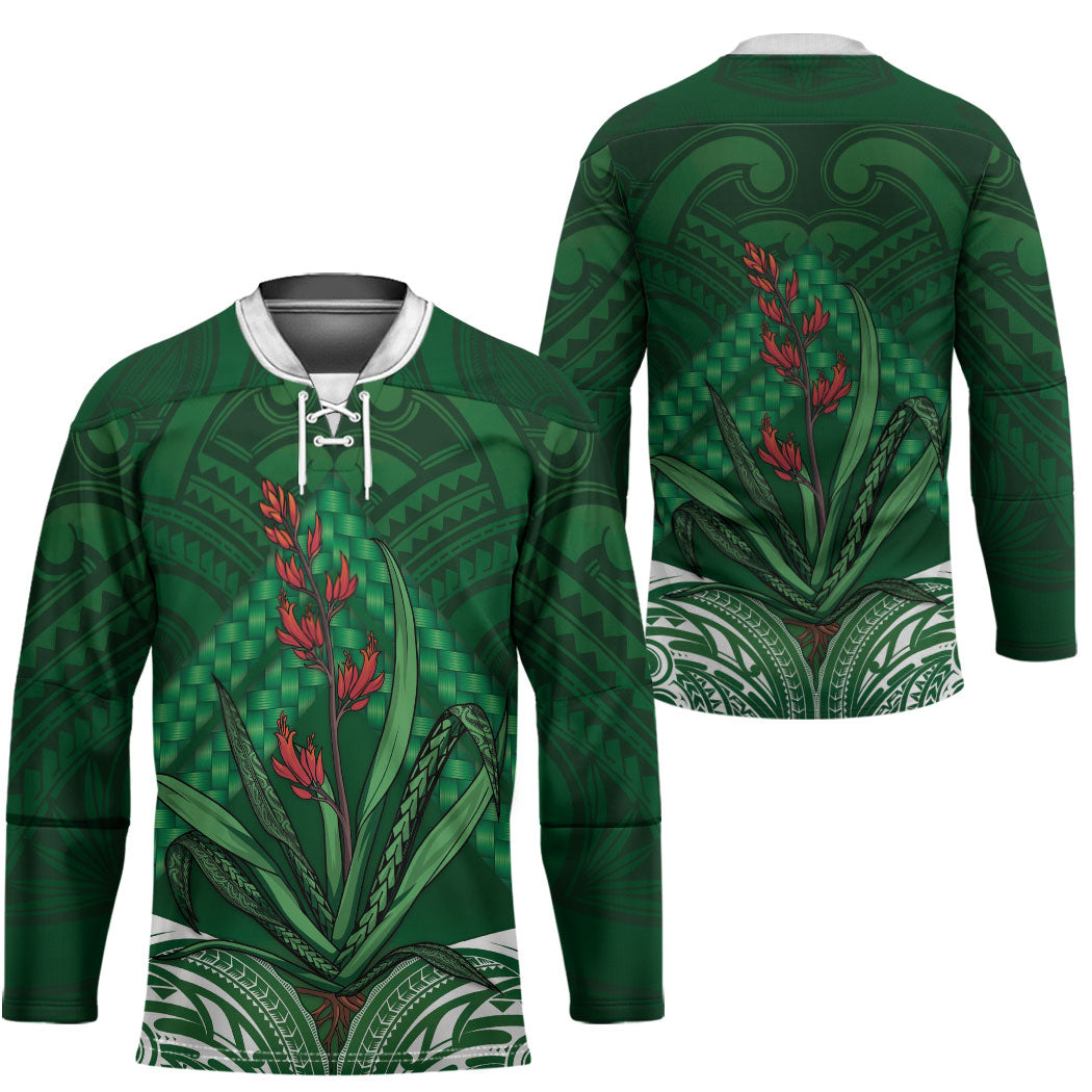 Rongoa Maori New Zealand Harakeke Hockey Jersey NZ Weaving Pattern Green