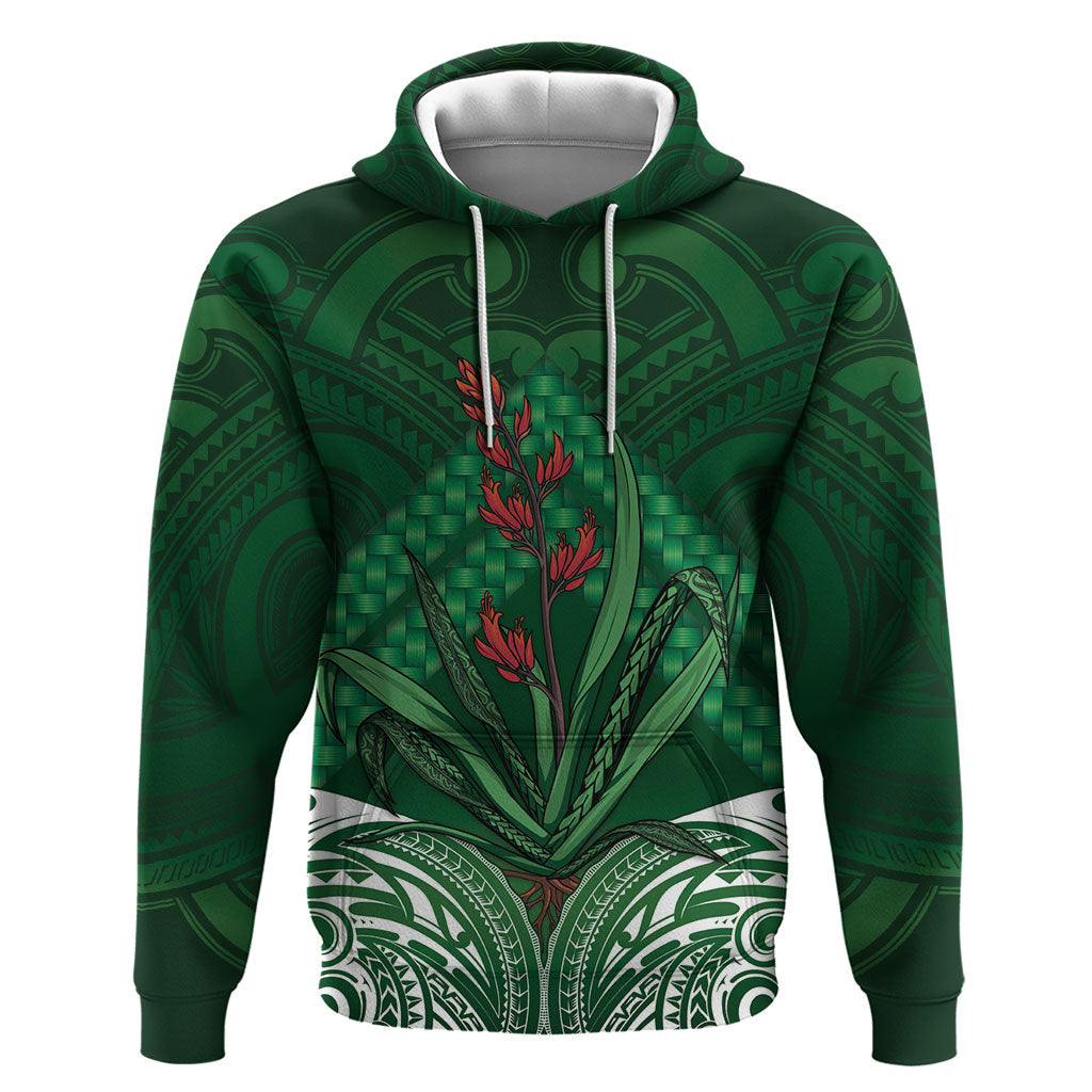 Rongoa Maori New Zealand Harakeke Hoodie NZ Weaving Pattern Green