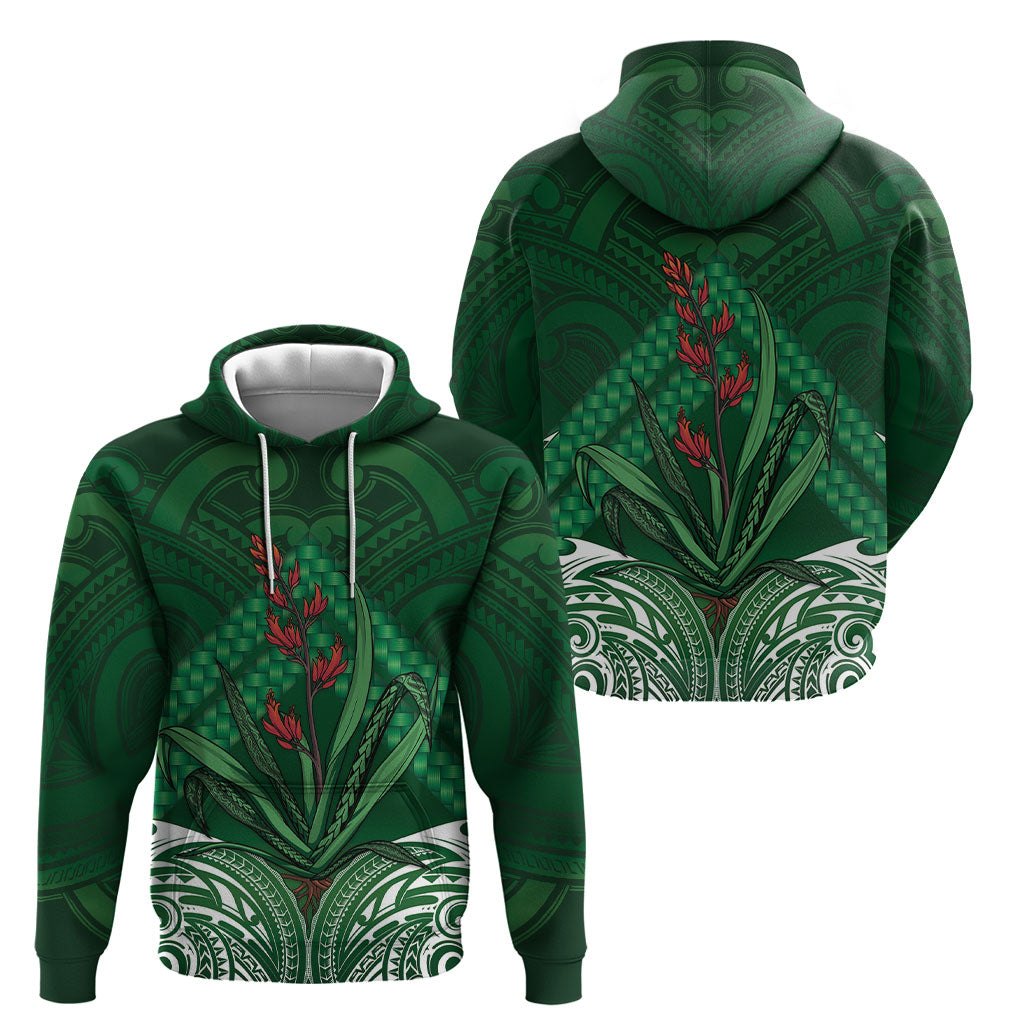 Rongoa Maori New Zealand Harakeke Hoodie NZ Weaving Pattern Green