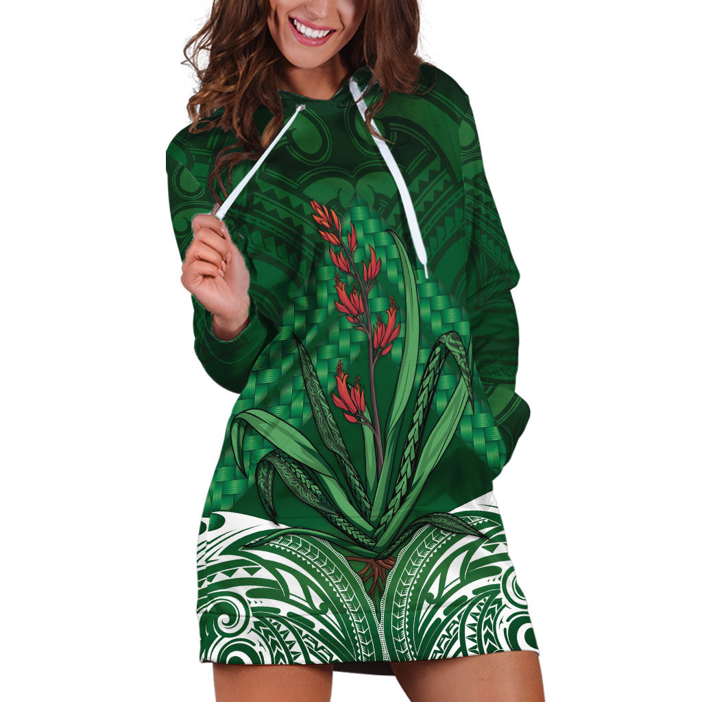 Rongoa Maori New Zealand Harakeke Hoodie Dress NZ Weaving Pattern Green