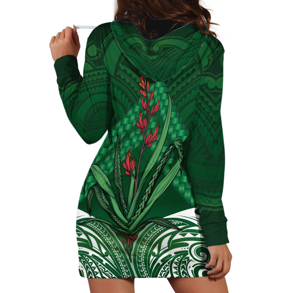 Rongoa Maori New Zealand Harakeke Hoodie Dress NZ Weaving Pattern Green