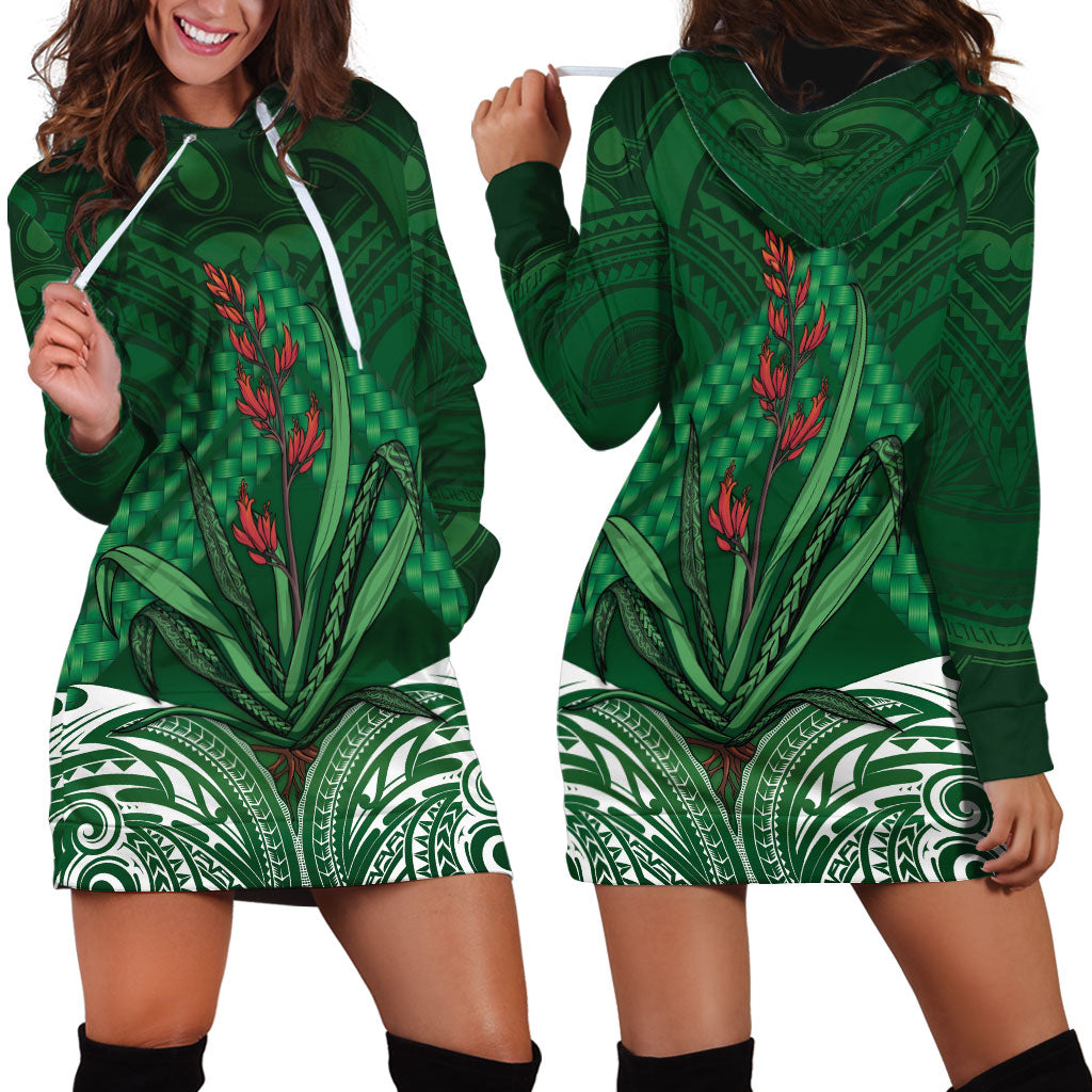 Rongoa Maori New Zealand Harakeke Hoodie Dress NZ Weaving Pattern Green