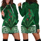 Rongoa Maori New Zealand Harakeke Hoodie Dress NZ Weaving Pattern Green