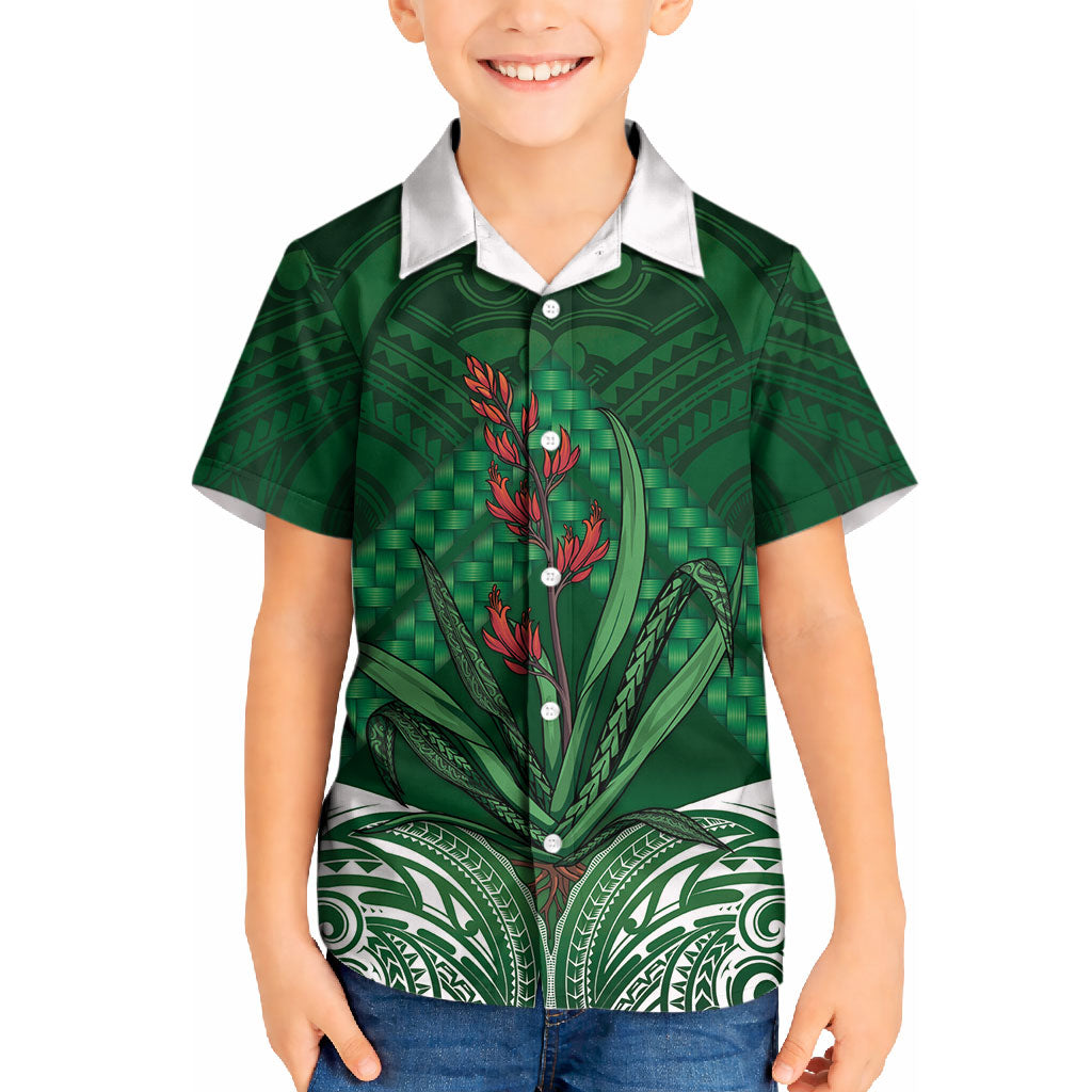 Rongoa Maori New Zealand Harakeke Kid Hawaiian Shirt NZ Weaving Pattern Green
