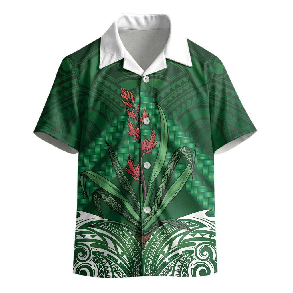Rongoa Maori New Zealand Harakeke Kid Hawaiian Shirt NZ Weaving Pattern Green