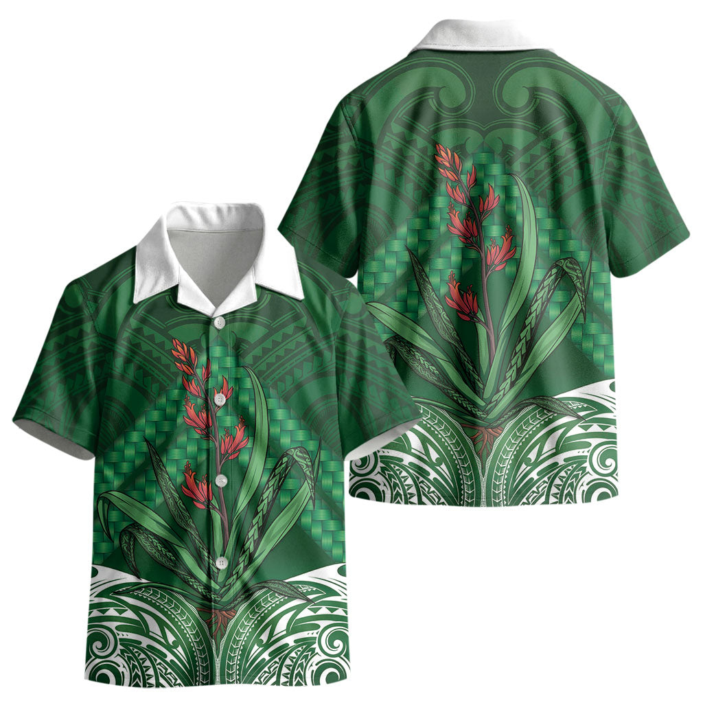 Rongoa Maori New Zealand Harakeke Kid Hawaiian Shirt NZ Weaving Pattern Green