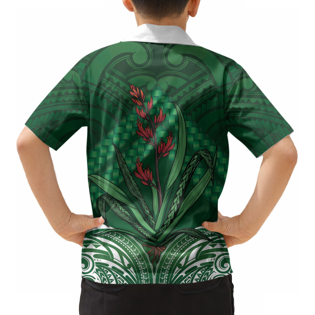Rongoa Maori New Zealand Harakeke Kid Hawaiian Shirt NZ Weaving Pattern Green