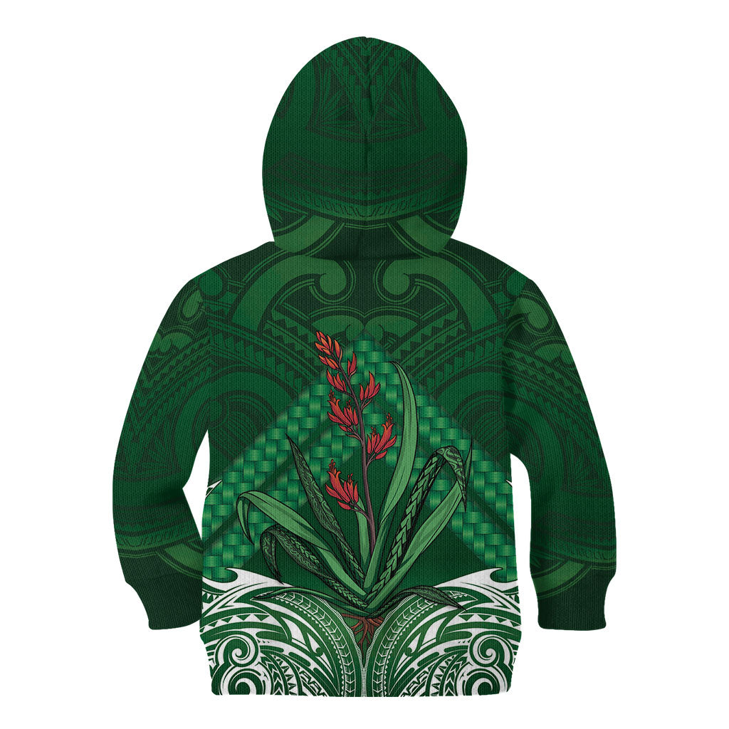 Rongoa Maori New Zealand Harakeke Kid Hoodie NZ Weaving Pattern Green