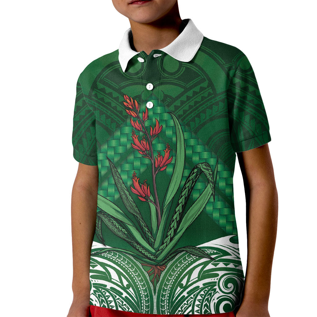 Rongoa Maori New Zealand Harakeke Kid Polo Shirt NZ Weaving Pattern Green