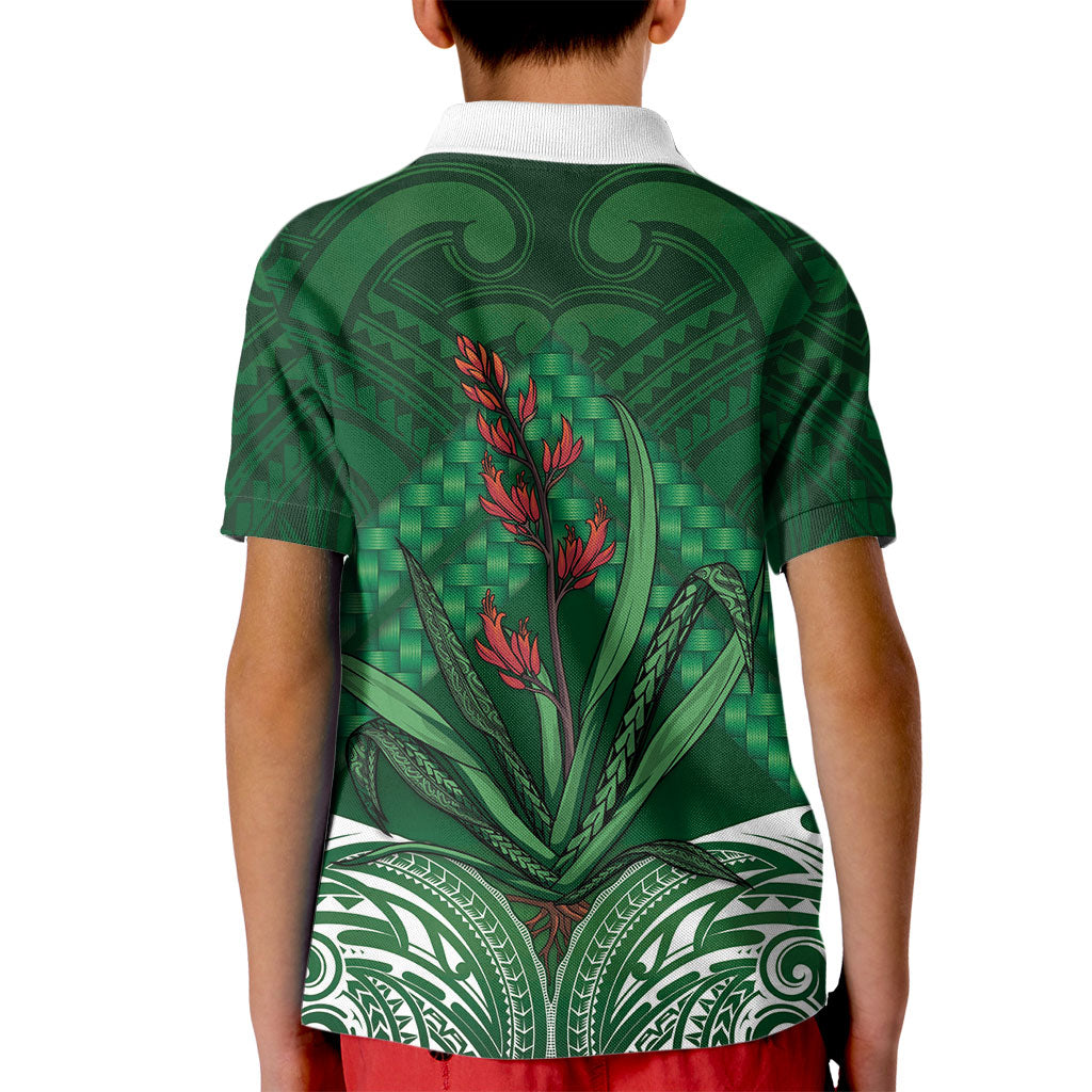 Rongoa Maori New Zealand Harakeke Kid Polo Shirt NZ Weaving Pattern Green