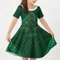 Rongoa Maori New Zealand Harakeke Kid Short Sleeve Dress NZ Weaving Pattern Green