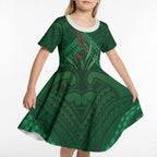 Rongoa Maori New Zealand Harakeke Kid Short Sleeve Dress NZ Weaving Pattern Green