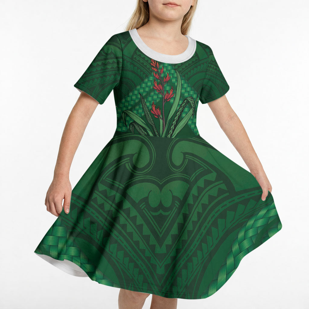 Rongoa Maori New Zealand Harakeke Kid Short Sleeve Dress NZ Weaving Pattern Green