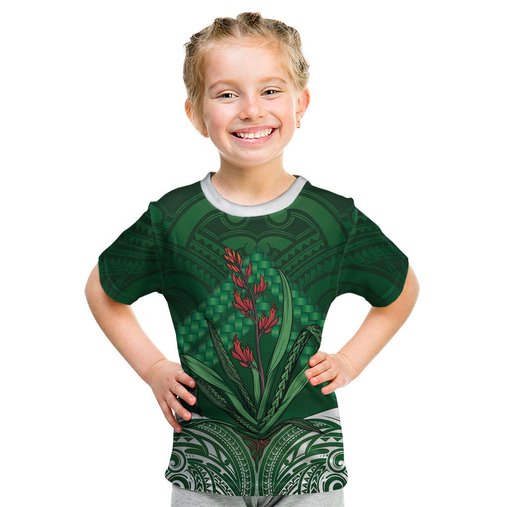 Rongoa Maori New Zealand Harakeke Kid T Shirt NZ Weaving Pattern Green