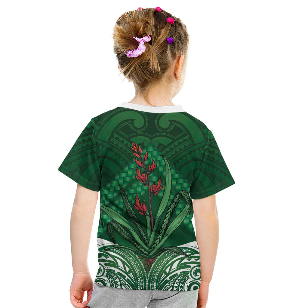 Rongoa Maori New Zealand Harakeke Kid T Shirt NZ Weaving Pattern Green